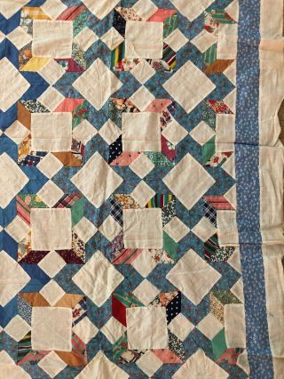 Vtg Quilt Top Hand Sewn 1930 ' s Fabric 86”x 67” Diamonds Squares White Blue 5