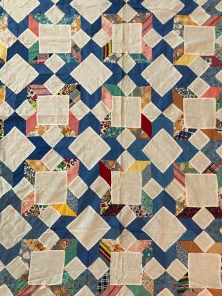 Vtg Quilt Top Hand Sewn 1930 ' s Fabric 86”x 67” Diamonds Squares White Blue 6