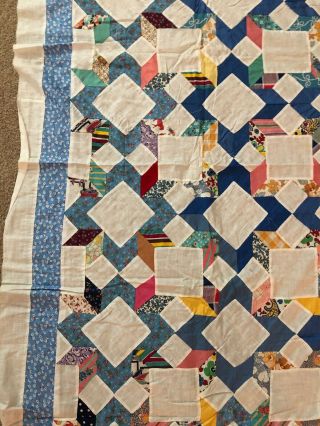 Vtg Quilt Top Hand Sewn 1930 ' s Fabric 86”x 67” Diamonds Squares White Blue 7