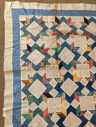 Vtg Quilt Top Hand Sewn 1930 ' s Fabric 86”x 67” Diamonds Squares White Blue 8