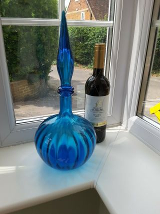Vintage Empoli Large Italian Blue Glass Fluted Pattern Decanter / Bottle
