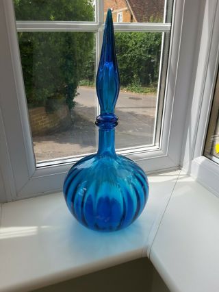 Vintage Empoli Large Italian blue glass fluted pattern decanter / bottle 2