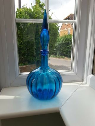 Vintage Empoli Large Italian blue glass fluted pattern decanter / bottle 3
