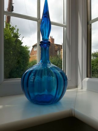 Vintage Empoli Large Italian blue glass fluted pattern decanter / bottle 5
