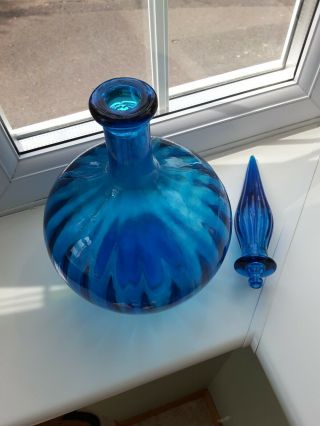 Vintage Empoli Large Italian blue glass fluted pattern decanter / bottle 6