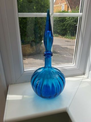 Vintage Empoli Large Italian blue glass fluted pattern decanter / bottle 8