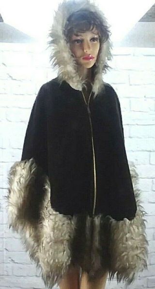 Vtg 60s - 70s Hippie Faux Fur Zip Front Hood Hooded Cape Poncho Union Made In Usa