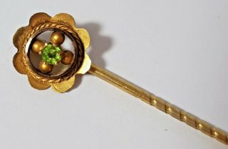 Vintage 9 Carat Gold Stick Pin - Green Peridot Gem Set Flower 5cm