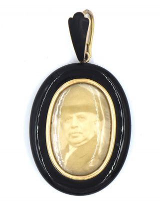 Antique Victorian Onyx Mourning Photo Locket Necklace Pendant 14k Yellow Gold