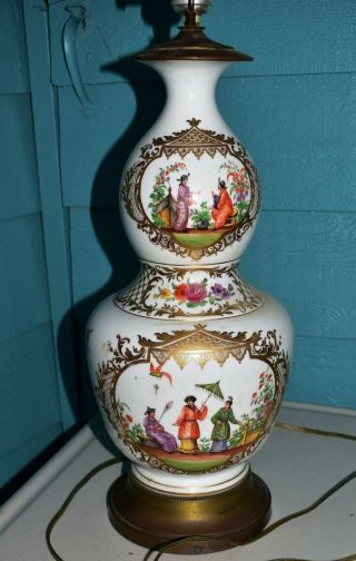 Antique Vintage Chinese Porcelain Vase Lamp - Hand Painted With Shade