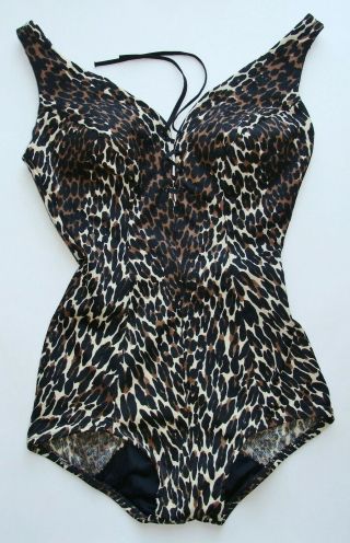 Vintage 60s Pin Up Cole Of California Swimsuit Corset Tie Leopard Print Sz 10