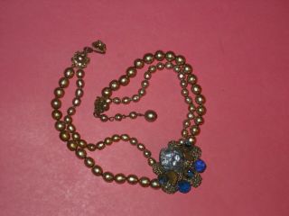 Miriam Haskell Vintage Pearl And Blue Bead Necklace Rhinestone Accents