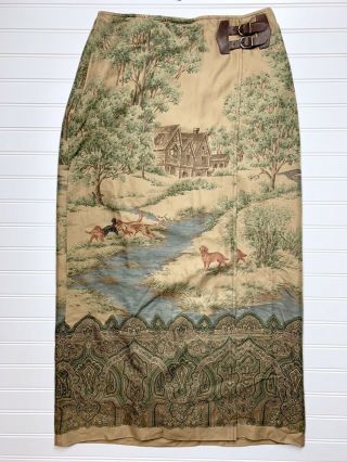 Vintage Ralph Lauren Double Buckle Hunting Dogs Lodge Country Wrap Maxi Skirt 6