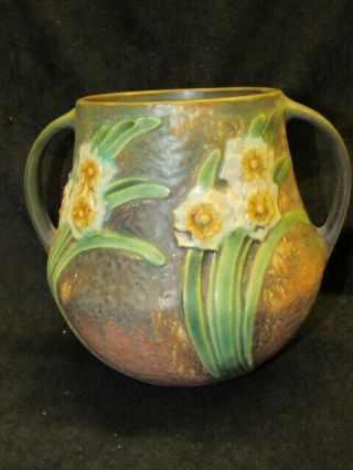 Vintage Roseville Art Pottery Jonquil Pattern 1931 7 " 2 Handle Vase Foil Labe B