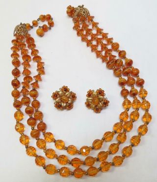 Vintage Signed Miriam Haskell Amber Glass Beads 3 Stand Necklace & Earrings Set