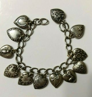 Antique Vintage Sterling Puffy Heart Charm Bracelet With 12 Charms 26 Grams