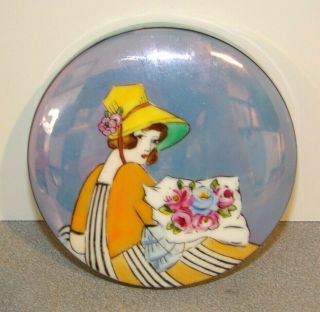Vintage Noritake Deco Luster Ware Lusterware Powder Puff Box W/ Woman Lady