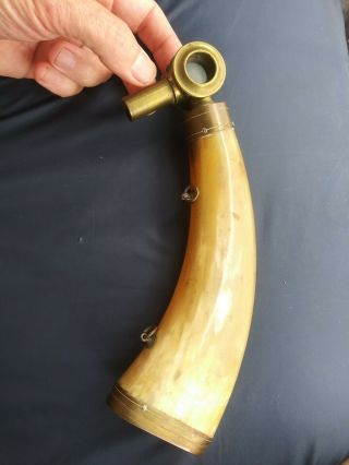 Antique 19th C Civil War Powder Bull Horn W Measure Brass Glass Mk