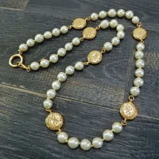 Chanel Gold Plated Cc Imitation Pearl Vintage Chain Necklace 4726a Rise - On
