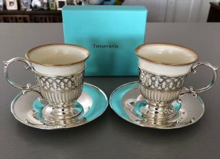 Tiffany & Co.  Sterling Silver Lenox Demitasse Coffee Tea Cups Set (2)