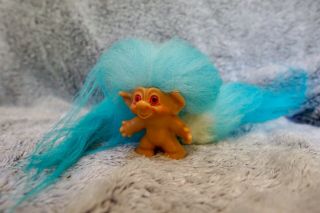 Vintage Troll Doll With Tail 1965 3 " Blue Hair Pink Eyes Dam Things Rare