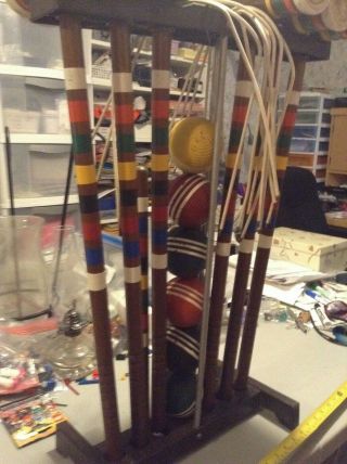Vintage Complete Forster Wood Croquet Set Mallets Balls Wickets Stakes Cart Read