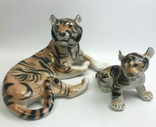 Vintage Lomonosov / Imperial Porcelain Large Tiger And Cub Set - Ussr / Russian