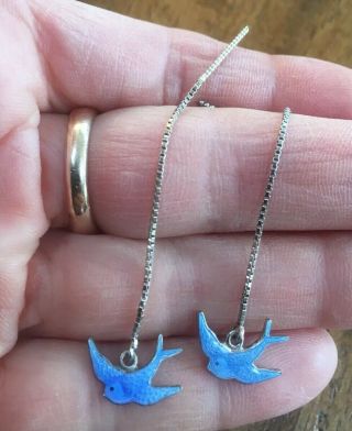 Vintage Sterling Silver & Enamel Bluebird Of Happiness Threader Earrings