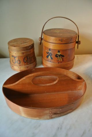 3 Vintage Wooden Small Firkin Bucket With Lids Hand Painted & Tray