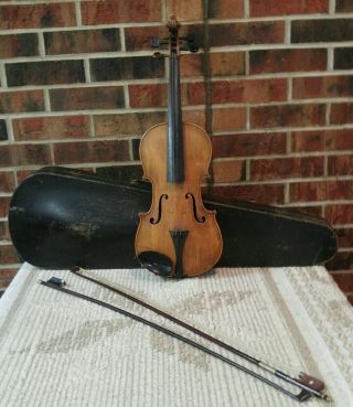 Very Old Vintage Antique Violin,  Full Size With Antique Wood Coffin Case & Bow