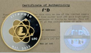 Litecoin Atomic Ltc Rare.  999 Silver & 24k Gold Physcial Bitcoin 45/100 Coin