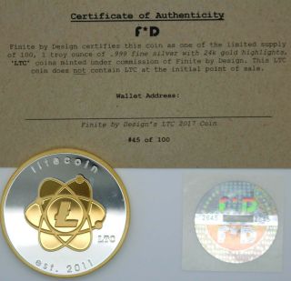 Litecoin Atomic LTC Rare.  999 Silver & 24k Gold Physcial Bitcoin 45/100 Coin 3