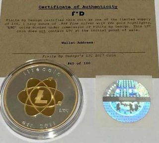 Litecoin Atomic LTC Rare.  999 Silver & 24k Gold Physcial Bitcoin 45/100 Coin 4