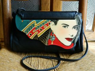 Patricia Smith 1987 Vintage Moon Bags Black Leather Jeweled Crossbody Handbag
