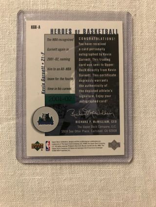 2001 - 02 Kevin Garnett Upper Deck Heroes of Basketball Auto 2/10 Very Rare 2