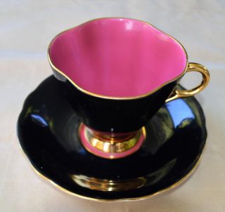 Vintage Clarence Bone China England Black Crimson Color Inside Set Cup & Saucer