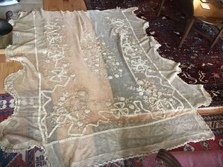 Antique Vintage Embellished Tambour Net Lace Bed Cover Flowers Ecru