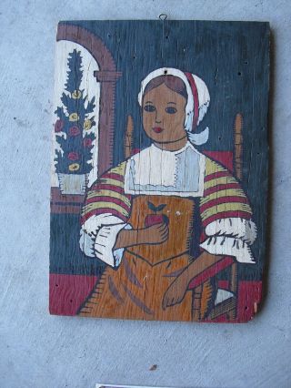 Vintage Folk Art Woman Painting On Wood Look