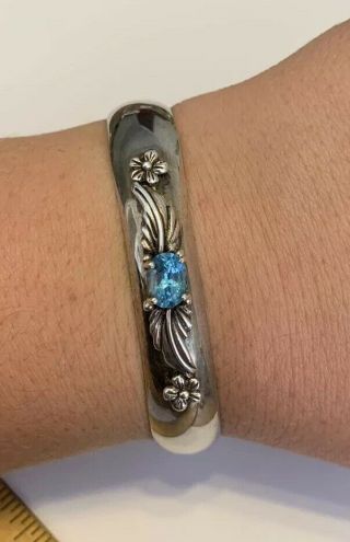 Vintage Southwest Carol Felley Sterling Silver Cuff Bracelet Blue Stone Floral