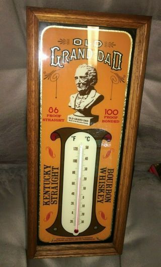 Vintage Old Grand - Dad Whiskey Thermometer Glass Sign W/ Wood Frame Grandad