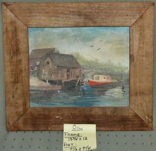 Framed Vintage Oil Painting 13.  75 " X 12 " Coastal Scene Boat - Ocean - Dock