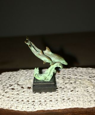 Vintage Kronberg Bronze Dollhouse Miniature Dolphin & Baby Statue Figurine