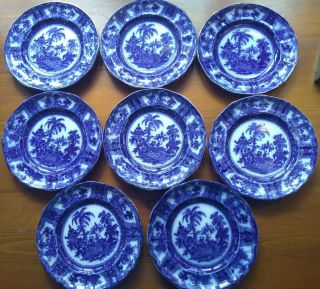 8 Exquisite 1890’s Antique W Adams England Kyber Flow Blue 9” Luncheon Plates