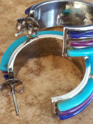 Vintage Navajo Zuni Turquoise Lapis Sugilite Inlay 3 Row Hoop Earrings 3