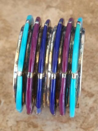 Vintage Navajo Zuni Turquoise Lapis Sugilite Inlay 3 Row Hoop Earrings 4