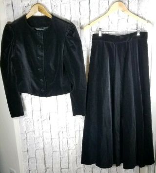 Vintage Laura Ashley Black Velvet 2pc Skirt Jacket Set Suit Sz 8 Full Sweep Goth