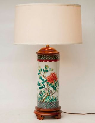 Large Vintage Chinese Porcelain Cylinder Vase Lamp Wood Base And Cap