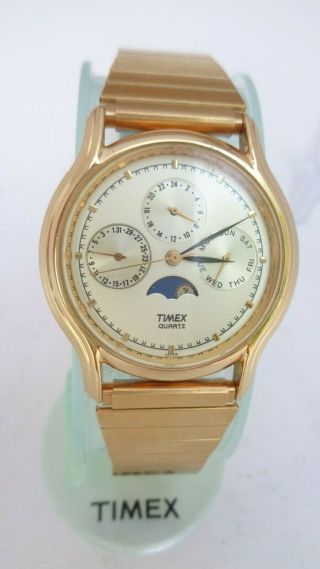 Vintage Timex Moon Phase Gold Colored Multi Functioned Men 