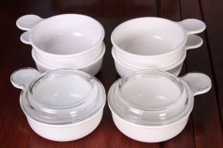 6 Vintage White Corning Ware Grab - It Bowls P - 150 - B,  And 2 Pyrex Lids P - 150 - C