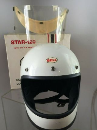 Vintage,  Bell Star - 120 Helmet,  7 1/2 White W/ Flip Visor Shield,  Box Usa